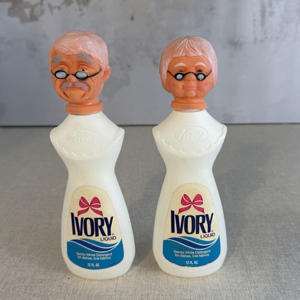 Vintage Ivory Liquid Grandma Grandpa Dish Soap Bottle Dolls 12oz Pair Kitsch
